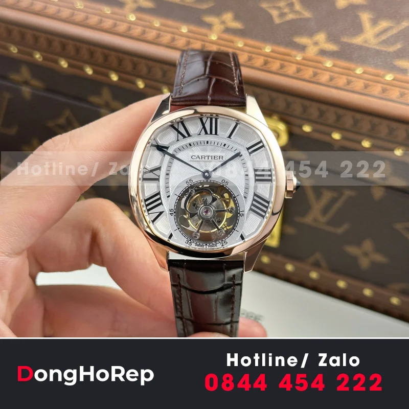 Đồng Hồ Cartier Drive Tourbillon Replica 11 Mặt Số Vân Guiloche Dây Da 41mm