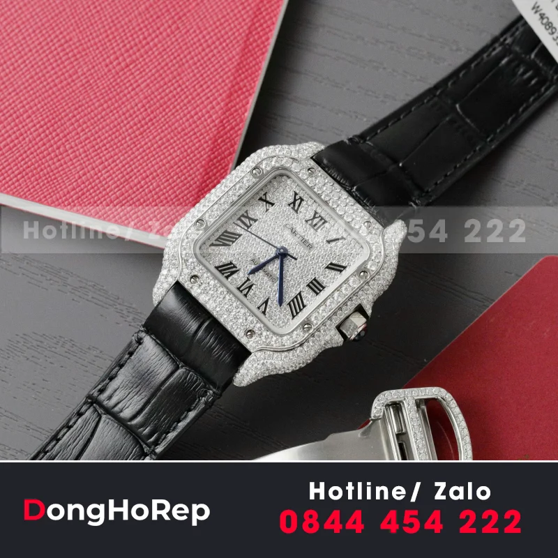 Đồng Hồ Cartier Santos Chế Tác Cọc Số + Vỏ Đính Kim Cương Moissanite 39.8mm
