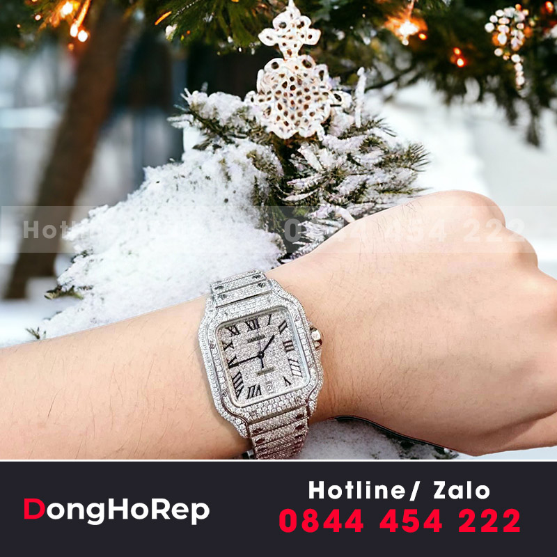 Đồng hồ cartier santos chế tác full moissanite hongkong