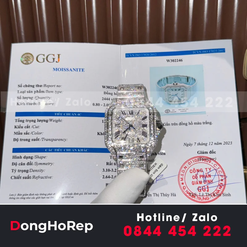 Đồng Hồ Cartier Santos Cọc Số Ả Rập Chế Tác Đính Full Kim Cương Moissanite Hong Kong 39.8mm