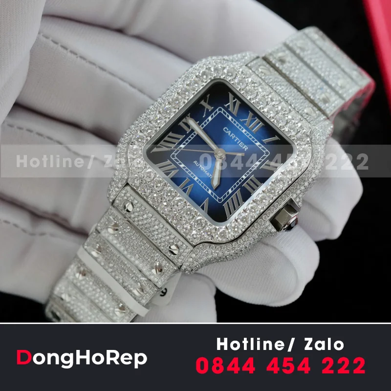 Đồng Hồ Cartier Santos Đính Full Kim Cương Moissanite Mặt Xanh 35.5mm