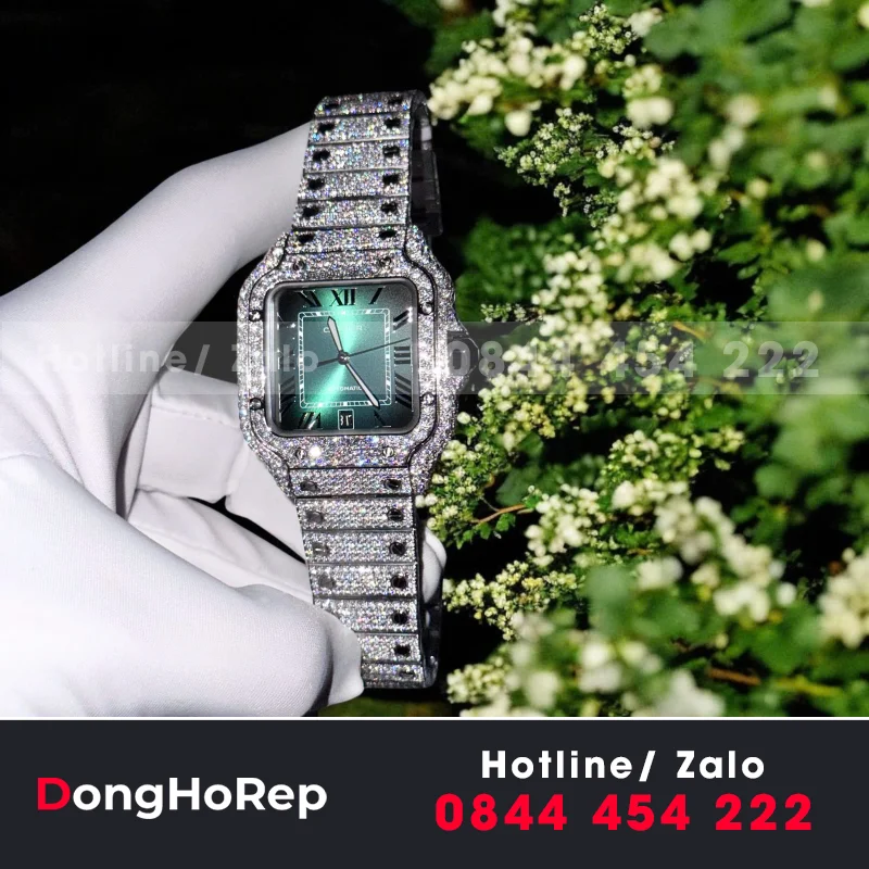 Đồng Hồ Cartier Santos Màu Xanh Lá Cây Chế Tác Đính Kim Cương Moissanite BVF 39.8mm