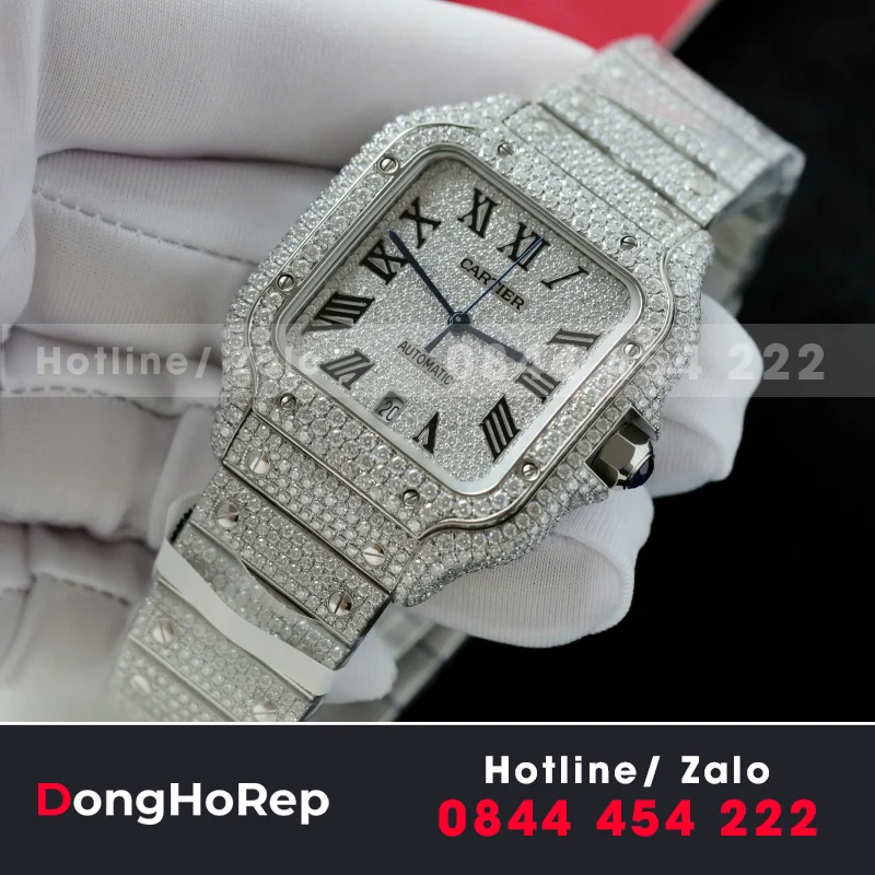 Đồng Hồ Chế Tác Cartier Santos Đính Full Kim Cương Moissanite Hong Kong 35.5 - 39.8mm