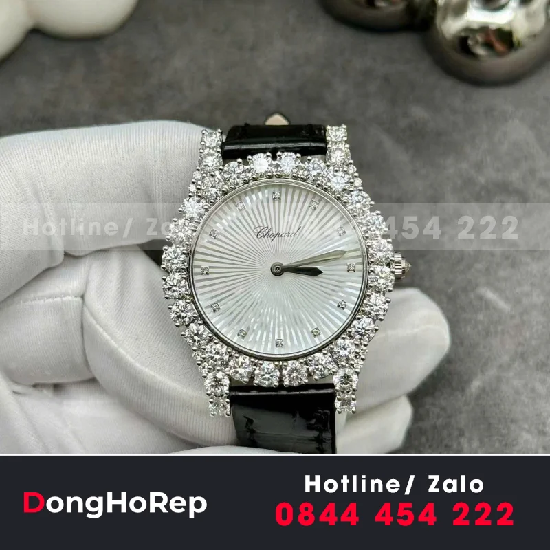Đồng Hồ Nữ Chopard Chế Tác Vàng Trắng 18 Đính Kim Cương Thiên Nhiên 34mm