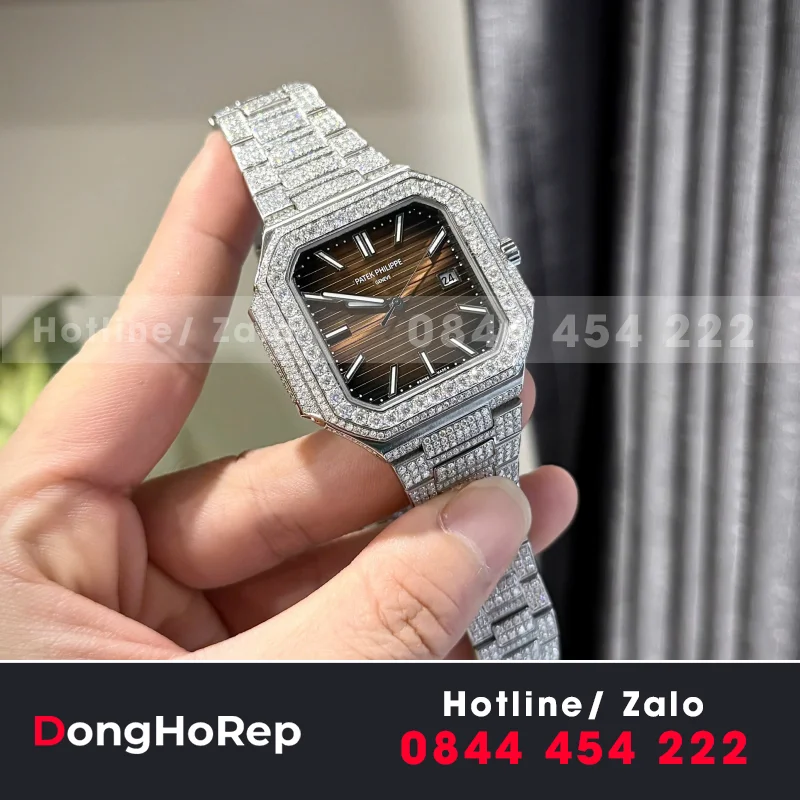 Đồng Hồ Patek Philippe Cubitus 5821 Mặt Nâu Đính Full Kim Cương Moissanite Hong Kong 45mm