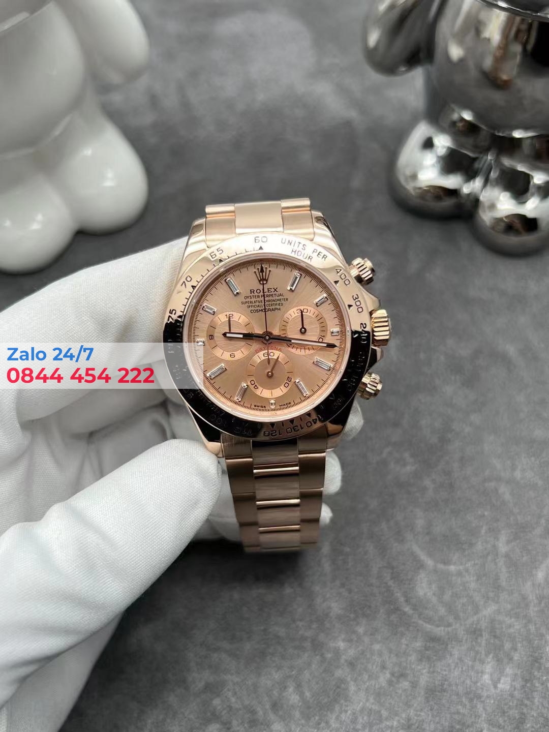 Đồng Hồ Rolex Cosmograph Daytona 116505 Rose Gold Cọc Số Kim Cương Baguette