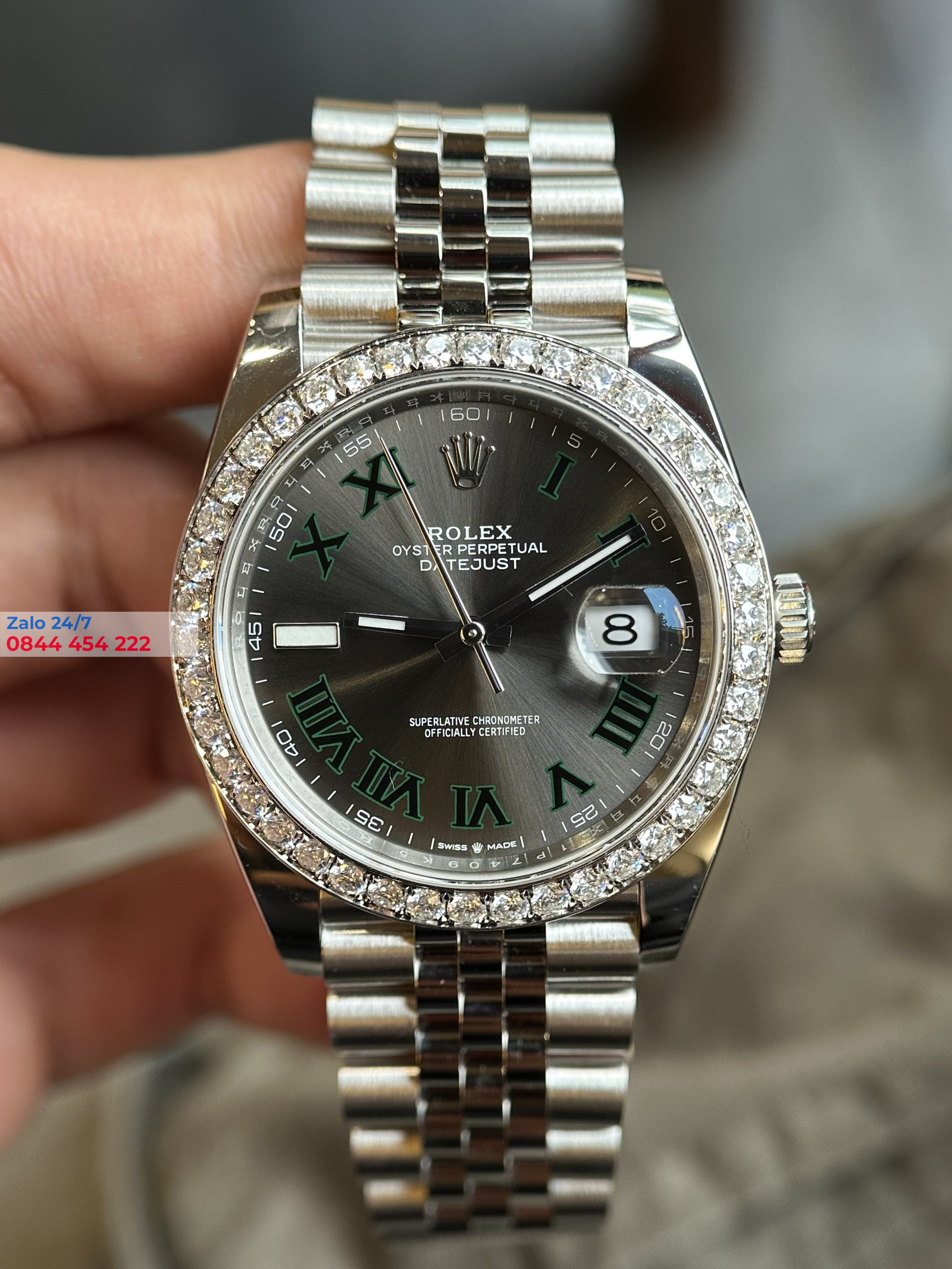 Đồng Hồ Rolex Datejust 126284 Mặt Số Wimbledon Replica kim cương moissamite