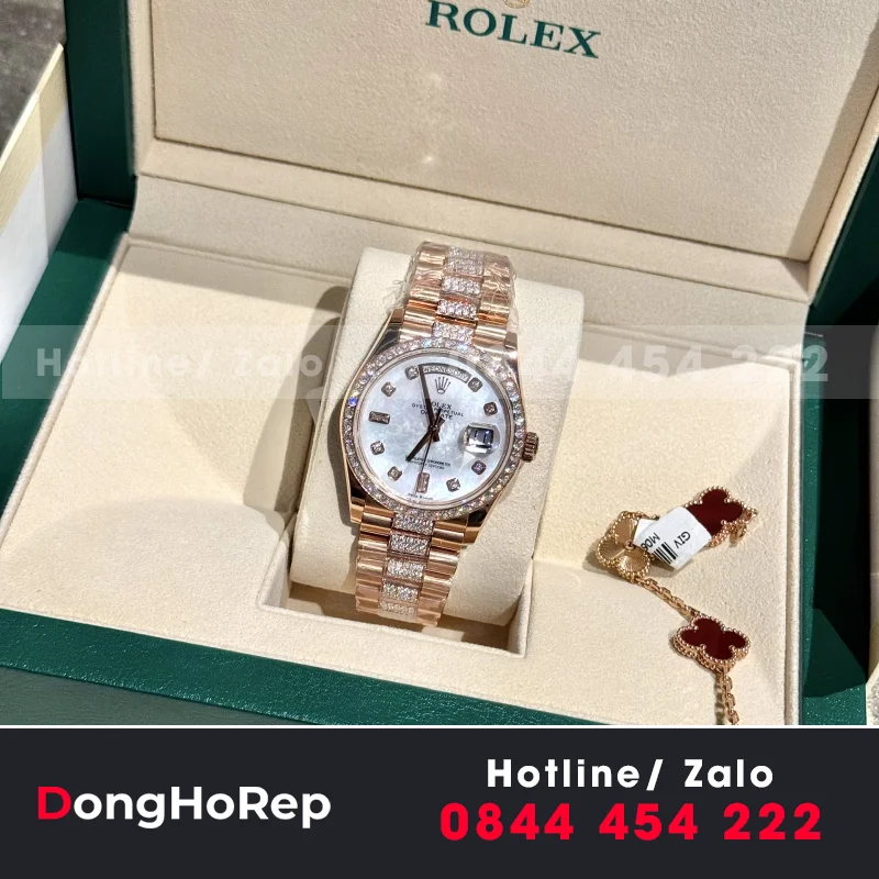 Đồng Hồ Rolex Day-Date Chế Tác Bọc Vàng Đính Kim Cương Moissanite Hong Kong 36mm