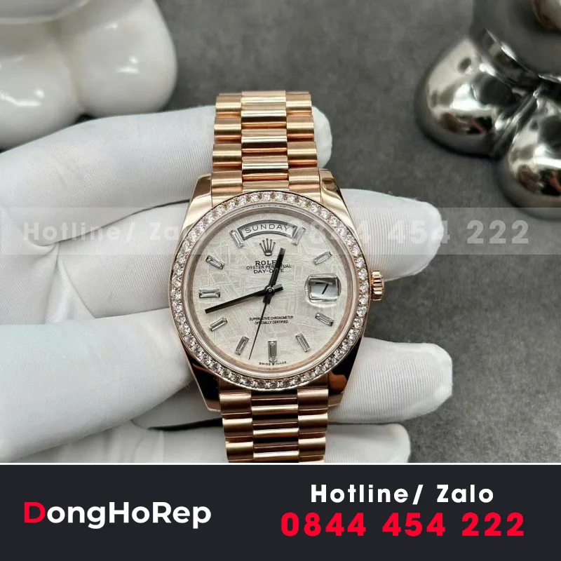 Đồng Hồ Rolex Day-Date Chế Tác Bọc Vàng Hồng 18K + Kim Cương Thiên Nhiên 40mm