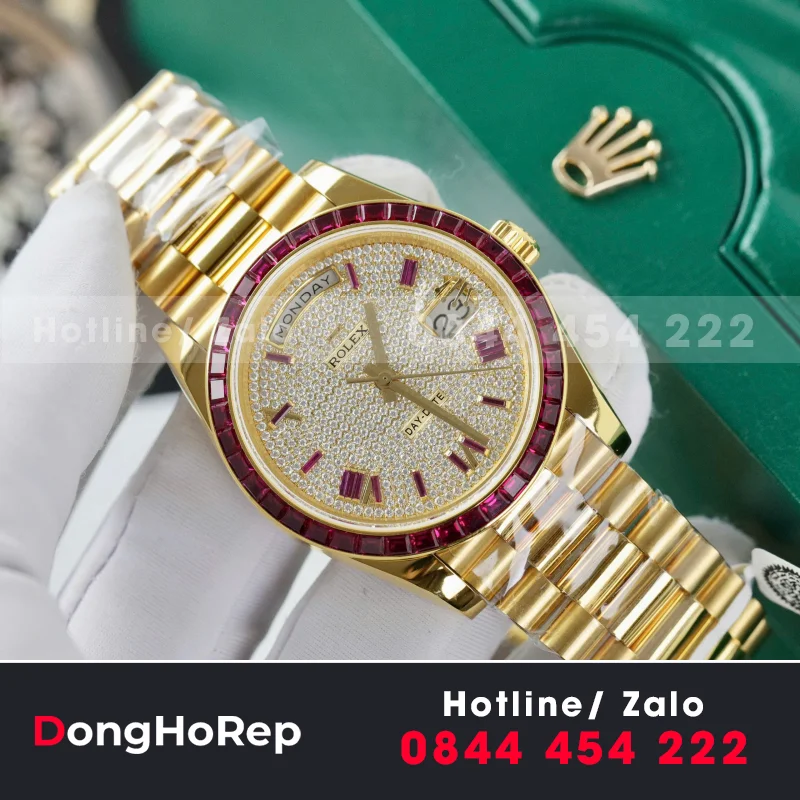 Đồng Hồ Rolex Day-Date Độ Ruby Đỏ + Kim Cương Moissanite Bọc Vàng Thật GMF 40mm