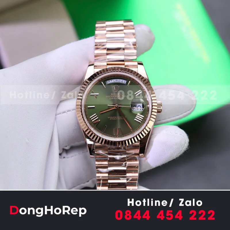 Đồng Hồ Rolex Day-Date Mặt Xanh Lá Cây Chế Tác Bọc Vàng Thật Trọng Lượng 186Gram QF 40mm