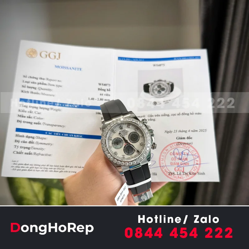 Đồng Hồ Rolex Daytona Chế Tác Mặt MOP Cọc Số + Vành Độ Kim Cương Moissanite 40mm