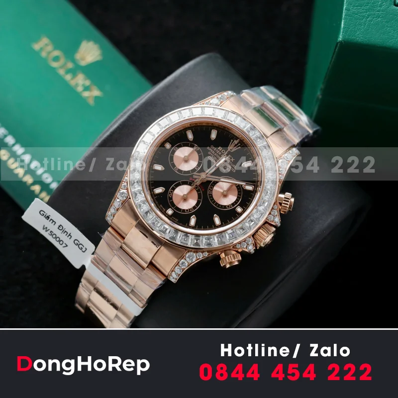 Đồng Hồ Rolex Daytona Mặt Đen Chế Tác Bọc Vàng Đính Kim Cương Moissanite Baguette 40mm