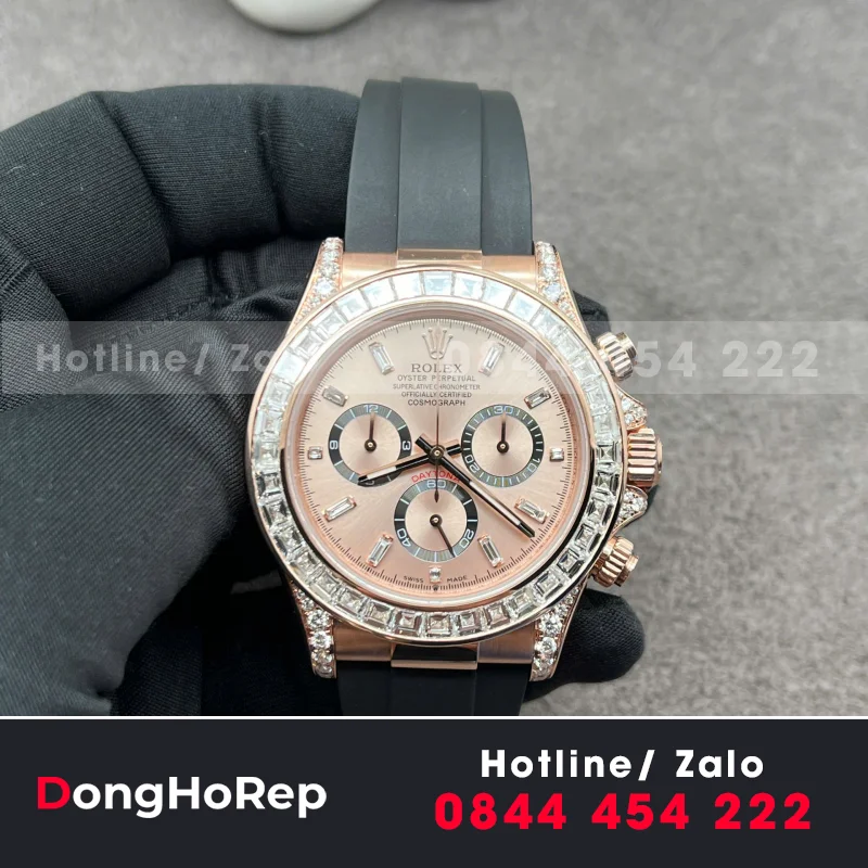 Đồng Hồ Rolex Daytona Mặt Thiên Thạch Chế Tác Bọc Vàng Thật + Đính Kim Cương Baguette 40mm