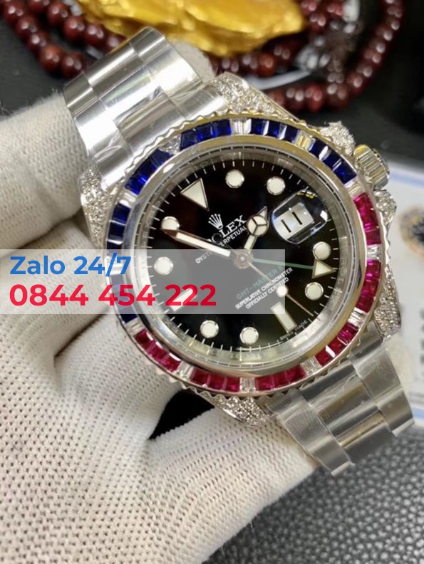 Đồng Hồ Rolex GMT Master II Pessi Replica Vàng Trắng Nguyên Khối Ruby Thiên Nhiên