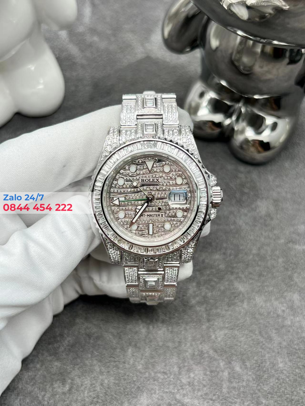 Đồng Hồ Rolex GMT Vàng Trắng 18K Kim Cương Thiên Nhiên