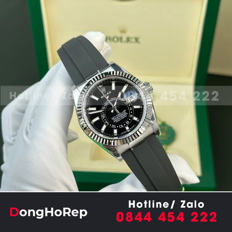 Đồng hồ Rolex sky dweller 336238 rep 11 mặt đen dây cao su cao cấp 42mm