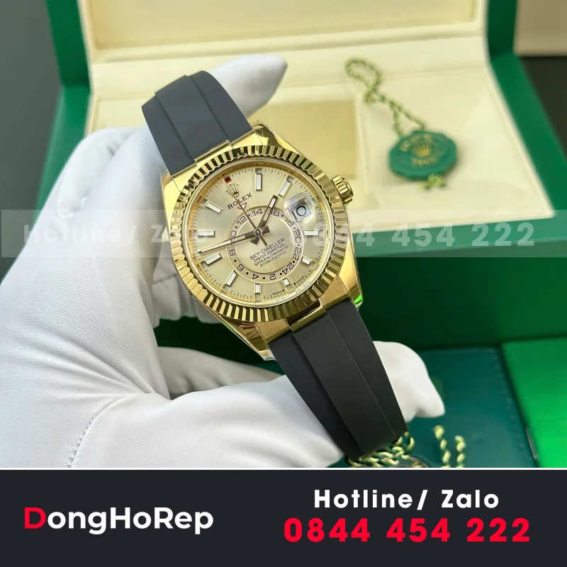 Đồng hồ Rolex Sky Dweller 336238 Rep 11 mặt vàng  dây cao su cao cấp 42mm