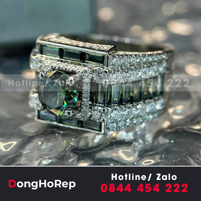 Nhẫn Nam Vàng Trắng Mix Moissanite Xanh Baguette