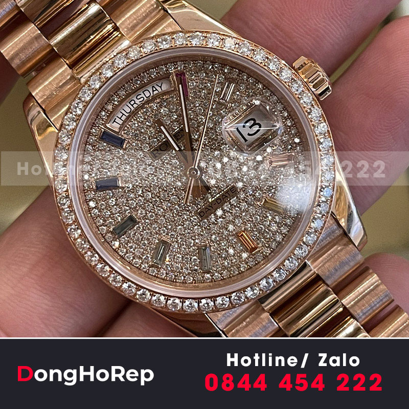 Rolex daydate 128345 rose gold full diamond dial chế tác 36mm 